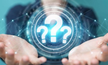 İşkadını üzerinde soru işaretleri dijital arabirimi 3d rendering kullanarak arka plan bulanık