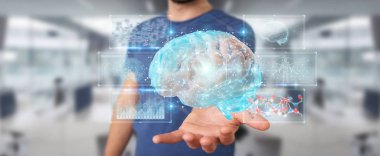 İnsan beyninin 3d render Dijital 3d projeksiyon kullanarak arka plan bulanık üzerinde işadamı