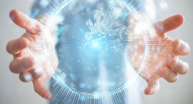 İşadamı üzerinde küre ağ hologram Avrupa ile harita 3B oluşturmayı kullanarak arka plan bulanık