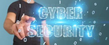 Siber Güvenlik metin hologram 3B oluşturmayı kullanarak arka plan bulanık üzerinde işadamı