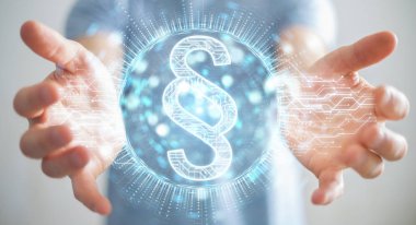 İşadamı hukuk paragraf dijital hologram 3B oluşturmayı kullanarak arka plan bulanık üzerinde