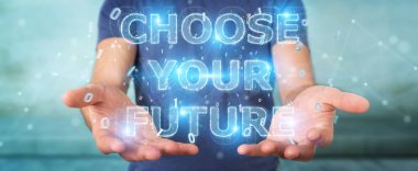 İşadamı gelecek metin arabirimi 3d rendering kullanarak arka plan bulanık üzerinde