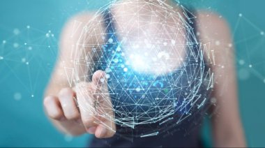 İşkadını dijital üçgen küre hologram 3d render patlayan kullanarak arka plan bulanık üzerinde