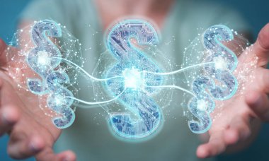 İşkadını 3d işleme dijital paragraf hukuk simgesini kullanarak arka plan bulanık üzerinde