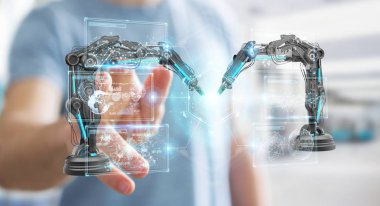 Robotik Kol ile dijital ekran 3d rendering kullanarak arka plan bulanık üzerinde işadamı