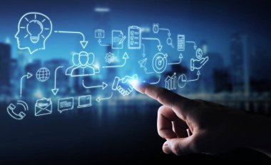 İnce çizgi simgesini proje planı sunusu kullanarak arka plan bulanık üzerinde işadamı