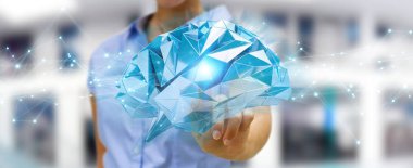 Hücre ve neurons aktivitesiyle 3d render dijital röntgen insan beyni arabirimini kullanarak iş kadını