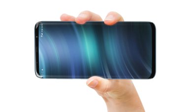 Modern smartphone 3d render beyaz arka plan üzerinde tutan izole kadın el