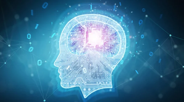 人工智能数字大脑的蓝色背景3D — 图库照片