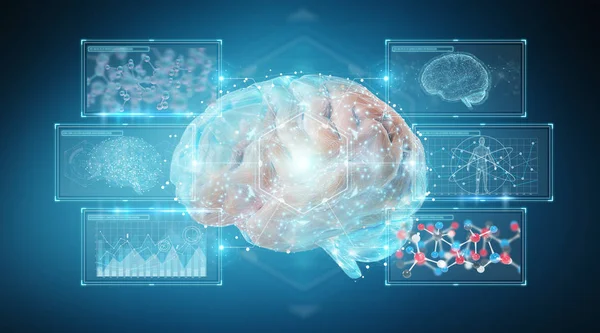 Proyección Digital Cerebro Humano Sobre Fondo Azul —  Fotos de Stock