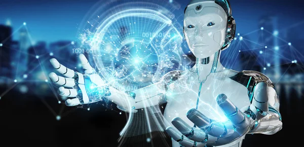 Mujer Blanca Cyborg Sobre Fondo Borroso Creando Inteligencia Artificial Renderizado — Foto de Stock