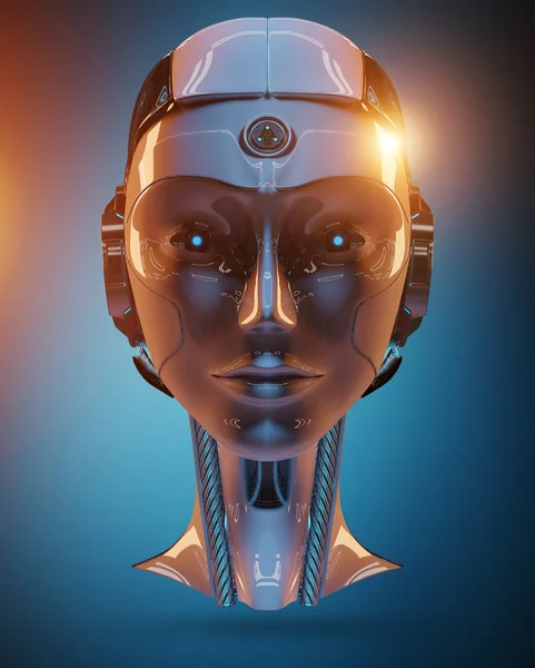 Tête Cyborg Intelligence Artificielle Isolée Sur Fond Bleu Rendu — Photo