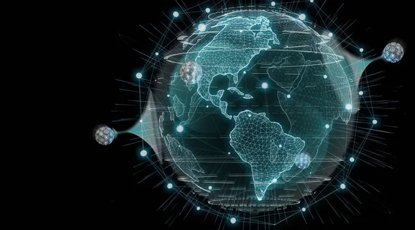 Holograma Rede Global Com Conexão Digital Fundo Escuro Renderização — Fotografia de Stock