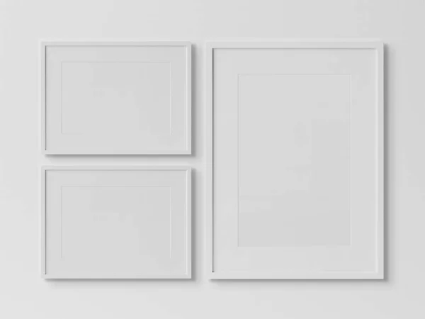 White Rectangular Frames Hanging White Textured Wall Mockup Rendering — Stock Photo, Image