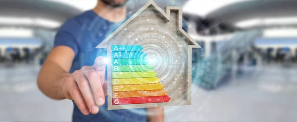 Empresario Sobre Fondo Borroso Utilizando Gráfico Clasificación Energía Renderizado Una — Foto de Stock