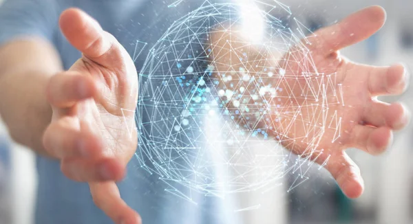 İşadamı dijital üçgen küre hologram 3d render patlayan kullanarak arka plan bulanık üzerinde