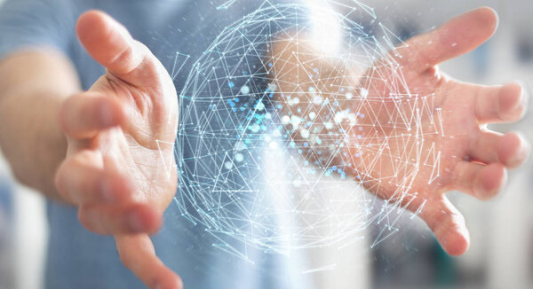 Businessman on blurred background using digital triangle exploding sphere hologram 3D rendering