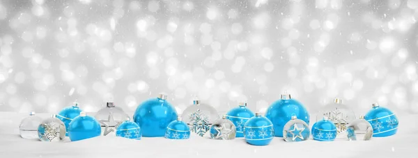 Blauwe Zilveren Kerstballen Grijze Achtergrond Rendering — Stockfoto