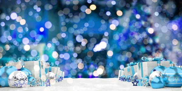 Blauwe Kerstcadeaus Kerstballen Opgesteld Blauwe Achtergrond Rendering — Stockfoto