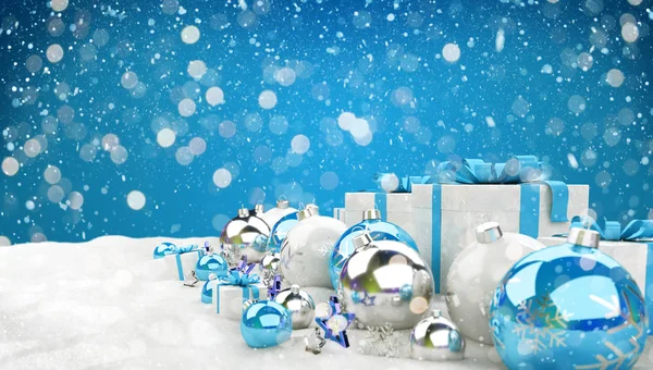 Blue Christmas Gifts Baubles Lined Blue Background Rendering — Stock Photo, Image