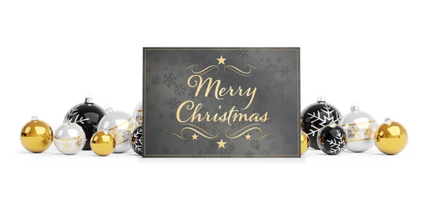 Kerstkaart Groeten Opleggen Van Gouden Kerstballen Geïsoleerd Een Witte Achtergrond — Stockfoto