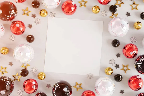Karácsonyi Kártya Makett Fehér Piros Baubles Leképezés — Stock Fotó