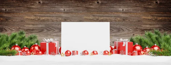 Leere Weihnachtskarte Auf Roten Kugeln Und Geschenk Auf Hölzernem Hintergrund — Stockfoto