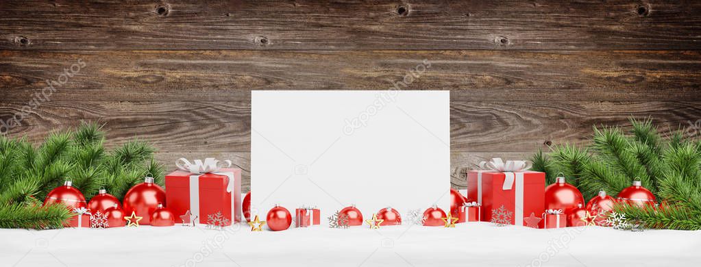 Blank Christmas card laying on red baubles and gift on wooden background 3D rendering