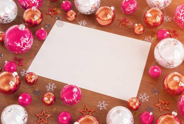 Noel kartı mockup pembe baubles 3d render ile beyaz ahşap üzerine