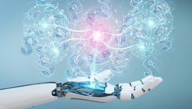 Cyborg Yargıç 3d işleme dijital paragraf hukuk simgesini kullanarak arka plan bulanık üzerinde