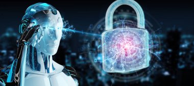 Arka plan bulanık 3d render robot tarafından kullanılan web güvenlik koruma arayüzü