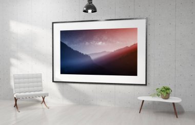 Çağdaş 3d render bir beyaz beton duvara asılı büyük yatay çerçeve