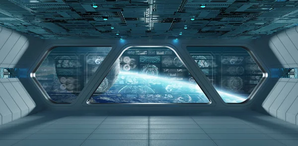 Interior Azul Nave Espacial Espaço Com Telas Painel Controle Renderização — Fotografia de Stock