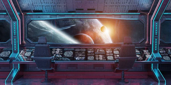 Grunge Ruimteschip Blauwe Roze Interieur Met Uitzicht Verre Planeten Systeem — Stockfoto