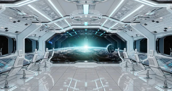 Witte Schone Ruimteschip Interieur Met Uitzicht Planeet Aarde Weergave Elementen — Stockfoto