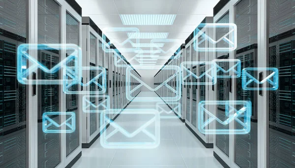 Digital white emails exchange over server room data center interior 3D rendering