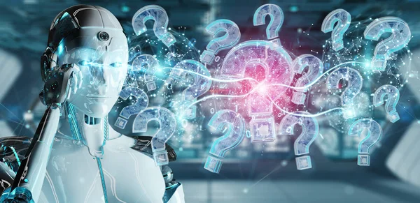 Cyborg bulanık arka plan dijital soru işaretleri 3d render ile sorun çözme