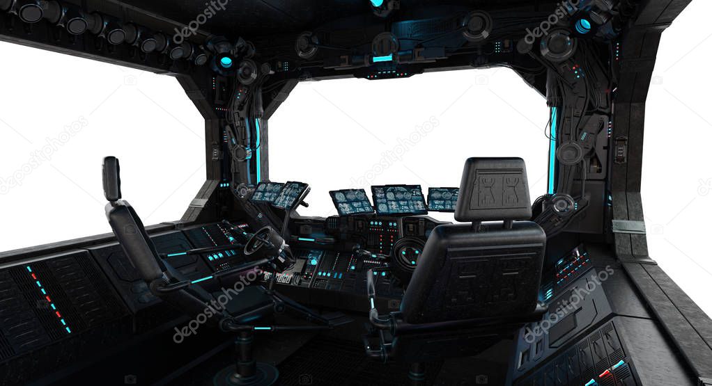 Spaceship grunge interior with view on a isolated white window