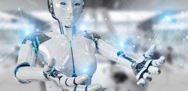 Dijital ağ bağlantısı 3B oluşturmayı kullanarak arka plan bulanık beyaz kadın robot