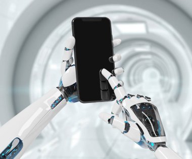 Modern smartphone mockup teknik arka plan 3d render tutan beyaz robot el