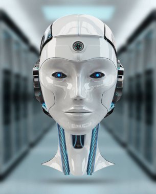 Cyborg baş yapay zeka üzerinde gri arka plan 3d render izole