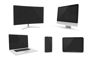 Beyaz arka plan üzerinde 3d render izole Modern teknoloji cihazlar koleksiyonu