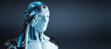 Beyaz erkek cyborg düşünme ve onun headon koyu mavi arka plan 3d render dokunmadan