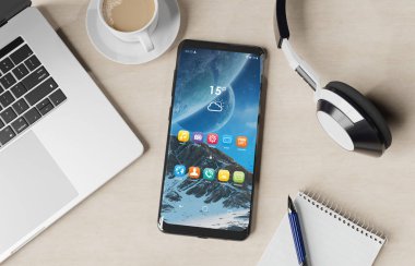 Modern smartphone ahşap masaüstü mockup 3d render döşeme