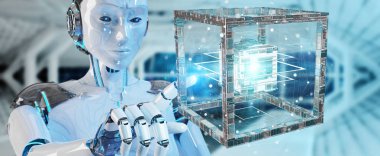 Geleceğin teknolojisi yapısı 3d render oluşturma bulanık arka plan üzerinde beyaz robot