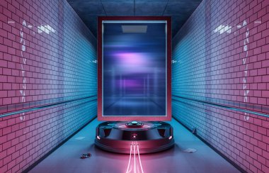 Kirli yeraltı metro istasyonu mockup 3d render fütüristik dikey panoda