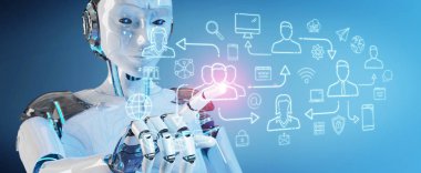 Sosyal ağ simgeleri arabirimi denetleme bulanık arka plan üzerinde beyaz robot