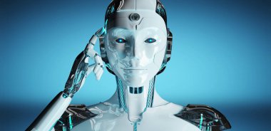 Düşünme ve koyu mavi arka plan üzerinde 3d render izole kafasını dokunmadan beyaz kadın cyborg