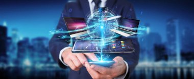 Modern cihazlarla 3d render işadamı elinde birbirine bağlı