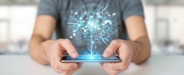 İşadamı dijital göz gözetim hologram 3B oluşturmayı kullanarak arka plan bulanık üzerinde